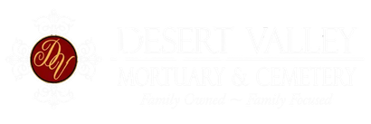 Red circular logo with gold script beside faint white text reading “Desert Valley Mortuary & Cemetery”