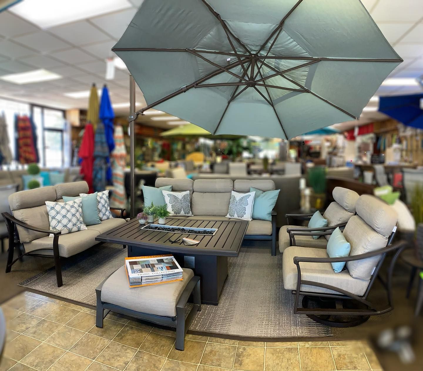 Blue umbrella available for outdoor patio