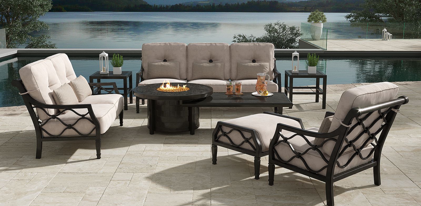 A patio with a couch , chairs , table and fire pit