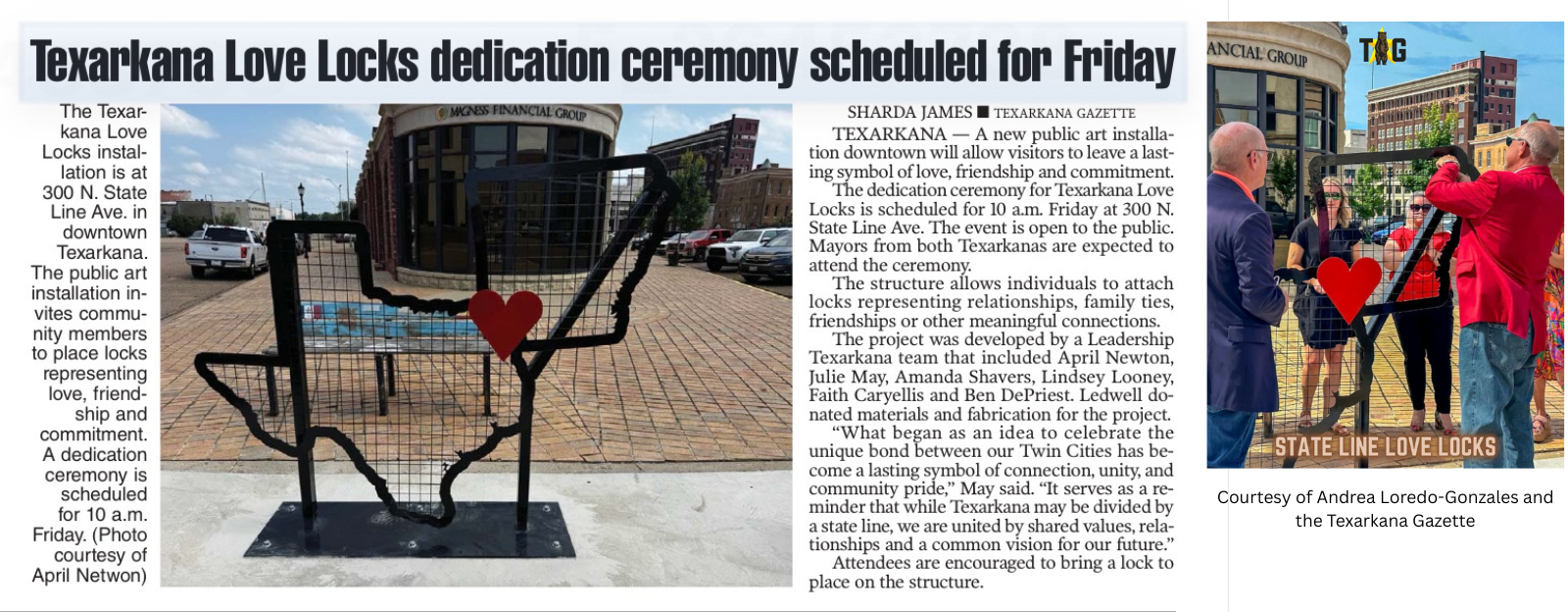Love Locks Texarkana dedication ceremony with black sculpture and couple by heart display