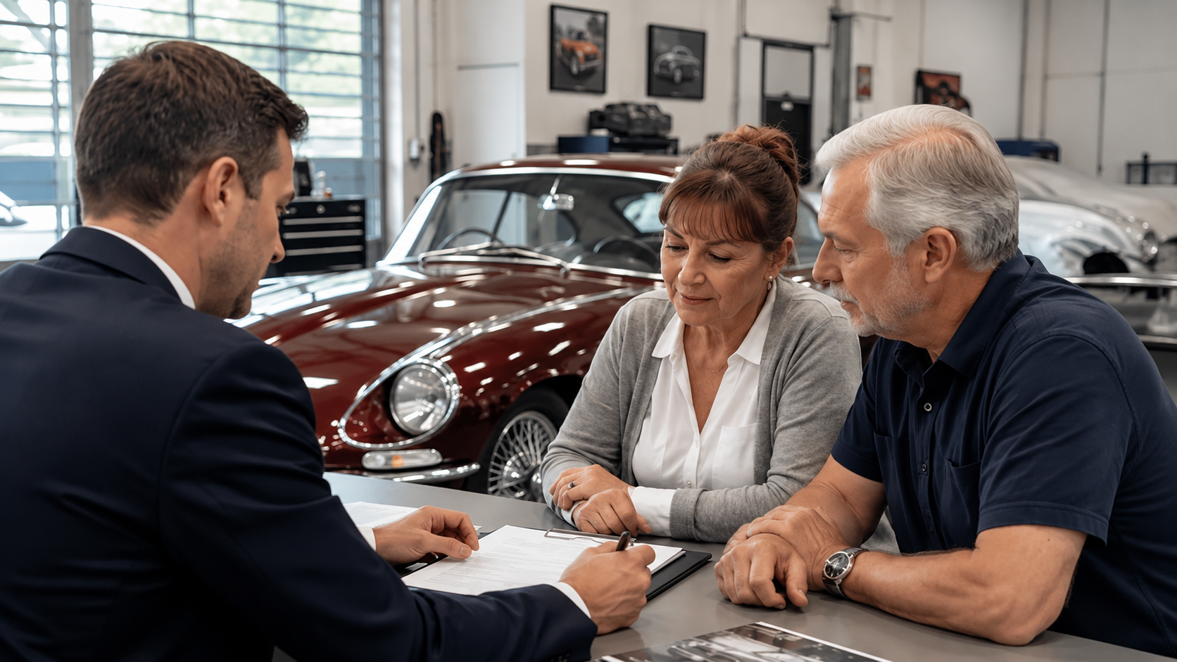 Two people review paperwork with a salesman at a car dealership, with a red classic car in the background.