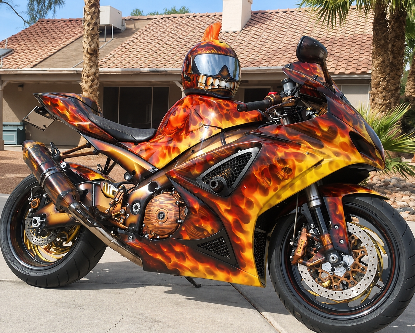 Orange-and-black custom sport motorcycle with flame graphics parked on a street in front of a house