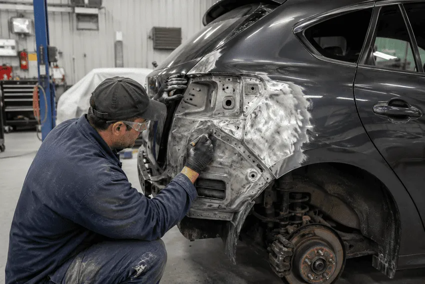 Mechanic repairing a black car’s rear quarter panel in an auto body shop
