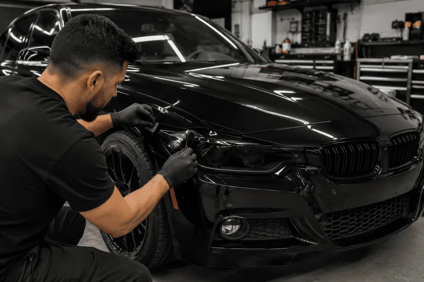 Mechanic polishing a black sports car in a garage