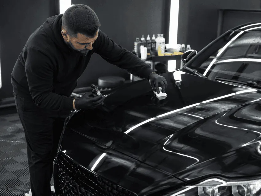 Detailer polishing a black car in a garage, with bright reflections on the hood