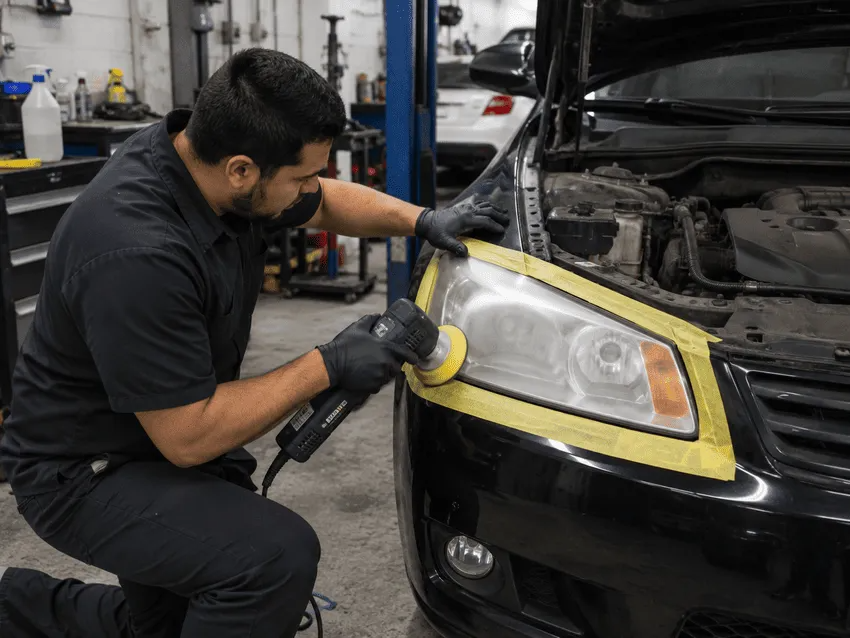 Mechanic polishing a black car’s headlight with a buffer in an auto shop