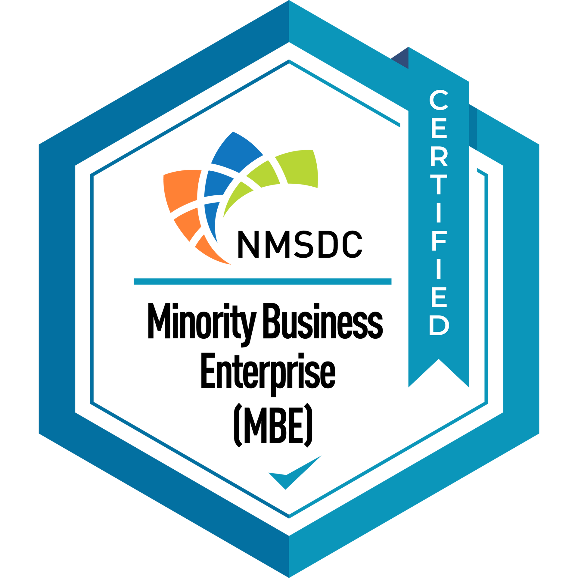 NMSDC Minority Business Enterprise (MBE) certified hexagon logo with blue ribbon and multicolor arcs