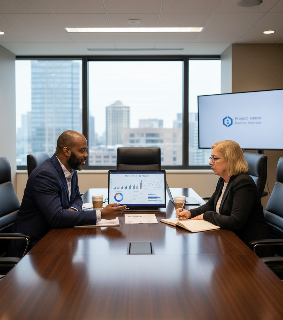 Bernard Williams and Linda Alle-Murphy at a conference table talking