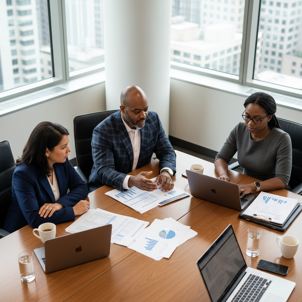 Business meeting around a table with laptops and papers, discussing charts and graphs in an office setting.