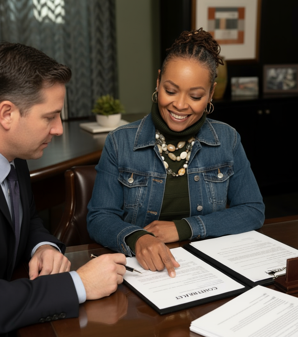 Ninette Bennett smiling and speaking with a man at a table with papers
