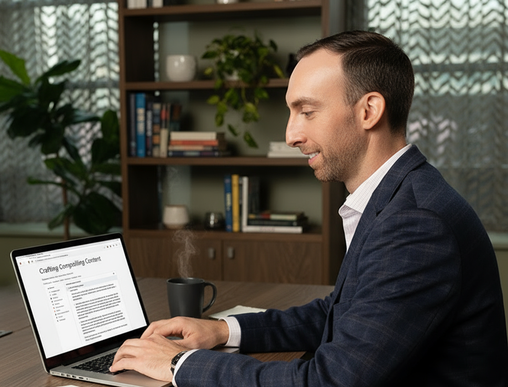 Man in a blazer, typing on laptop, smiling, with coffee cup, in front of bookshelf in an office.