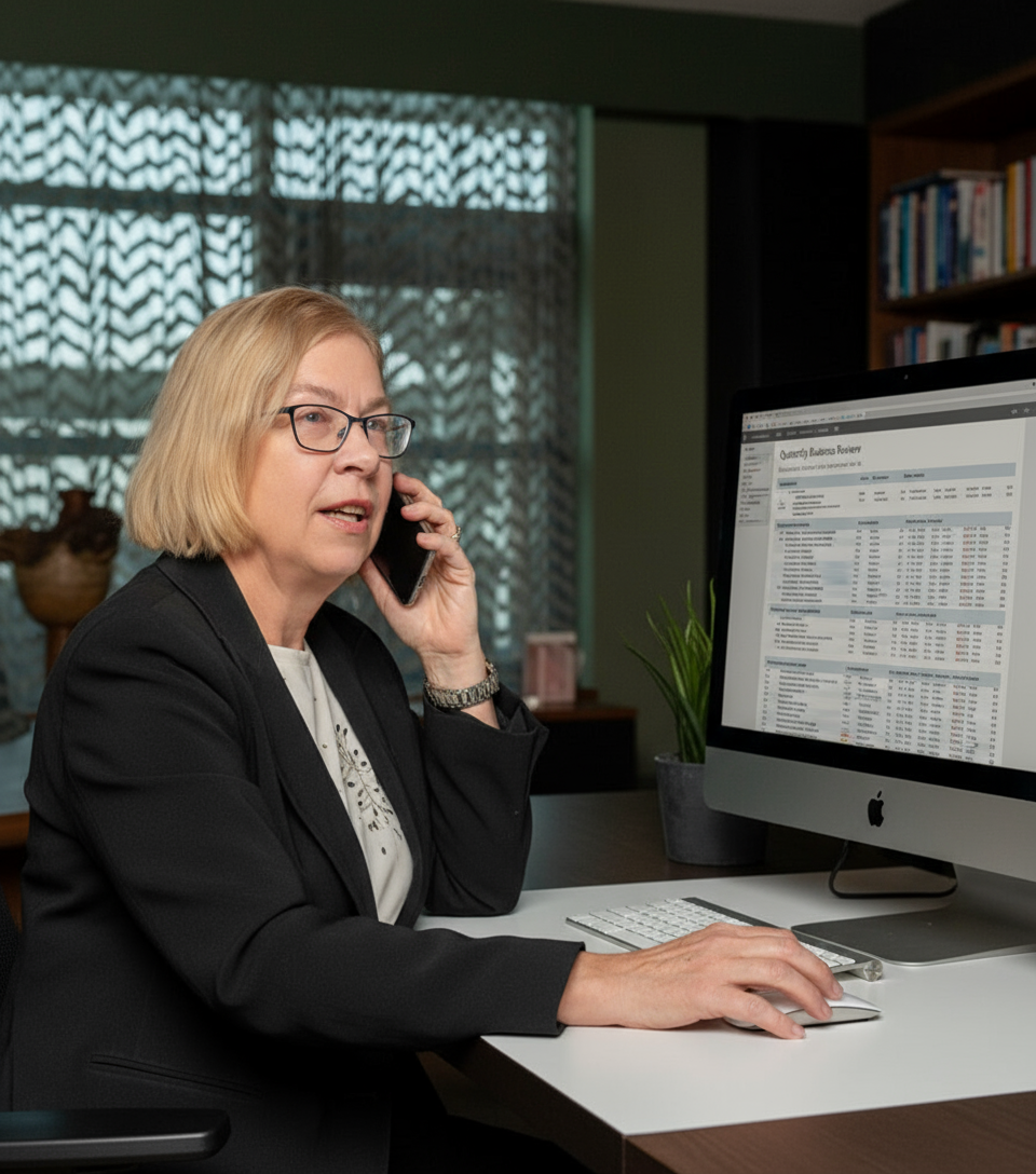 Woman in a blazer on the phone, looking at a computer screen with a spreadsheet. Sitting at a desk.
