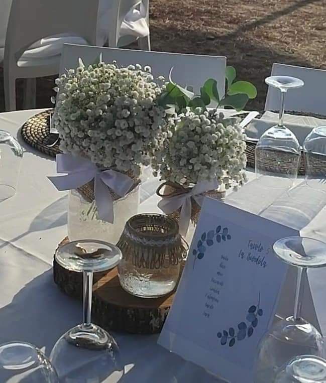 Apparecchiatura del tavolo nuziale con composizioni floreali, bicchieri e un tableau de mariage su una tovaglia bianca.