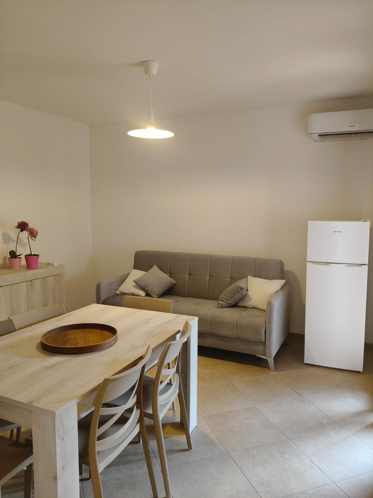 Soggiorno con tavolo da pranzo, divano, frigorifero e aria condizionata; pareti e pavimenti chiari.