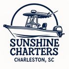 Logo for Sunshine Charters: boat on water at sunset, text "Sunshine Charters" in blue script, set in a blue hexagon.