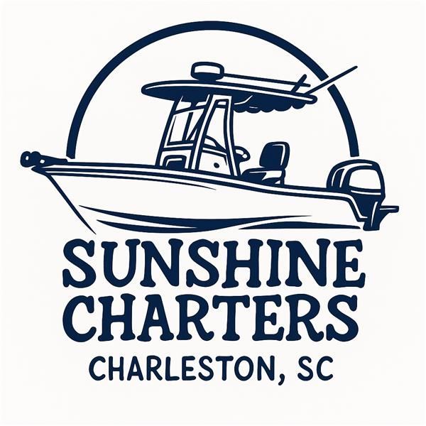 Logo for Sunshine Charters: boat on water at sunset, text "Sunshine Charters" in blue script, set in a blue hexagon.
