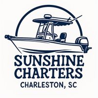 Logo for Sunshine Charters: boat on water at sunset, text "Sunshine Charters" in blue script, set in a blue hexagon.