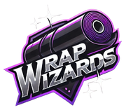 Logo with the text "WRAP WIZARDS" in silver, set against a black vinyl roll icon with purple highlights and star accents.