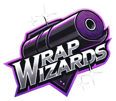 Logo with the text "WRAP WIZARDS" in silver, set against a black vinyl roll icon with purple highlights and star accents.