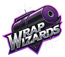 Logo with the text "WRAP WIZARDS" in silver, set against a black vinyl roll icon with purple highlights and star accents.
