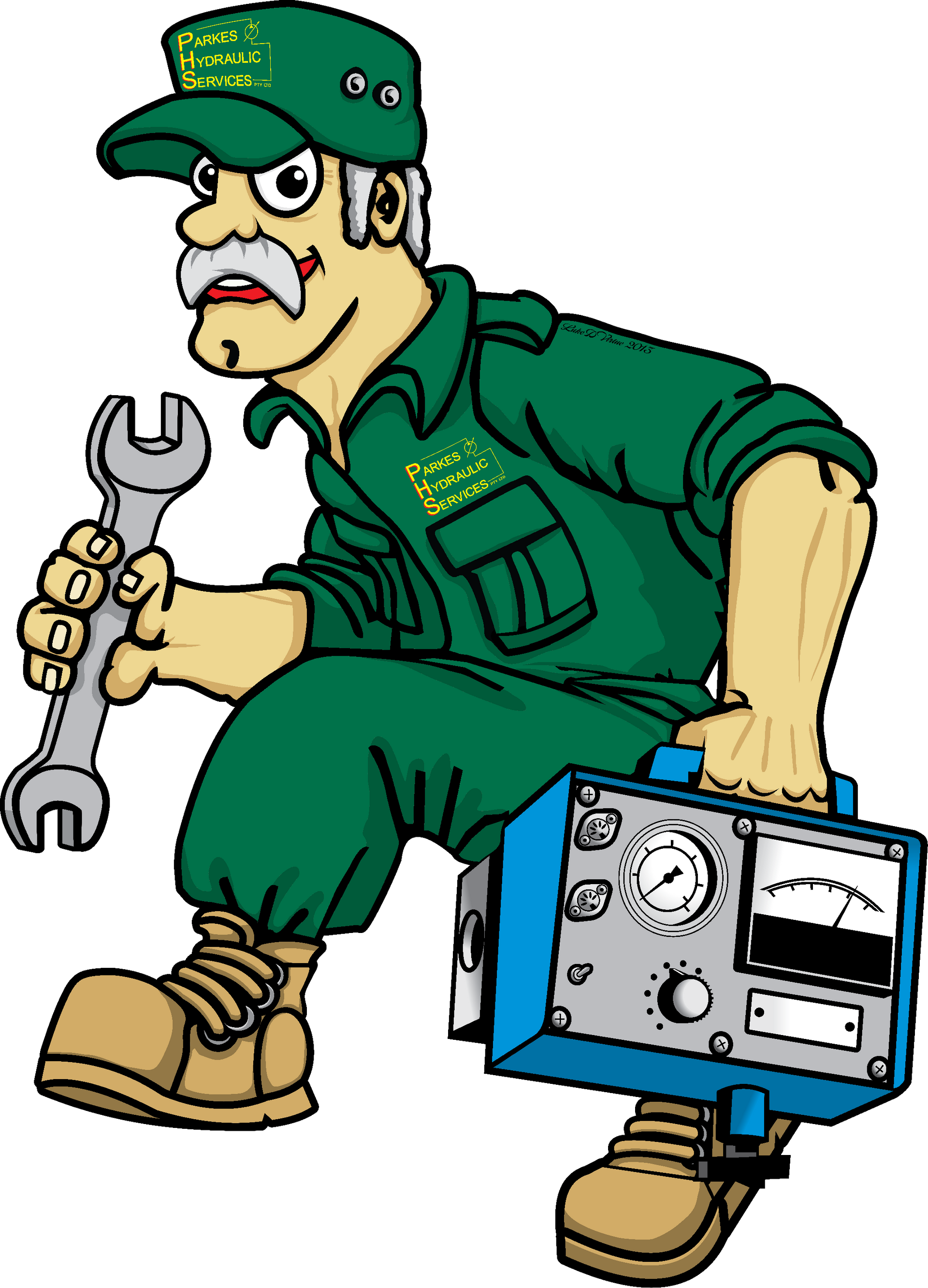 A cartoon of a man holding a wrench and a meter