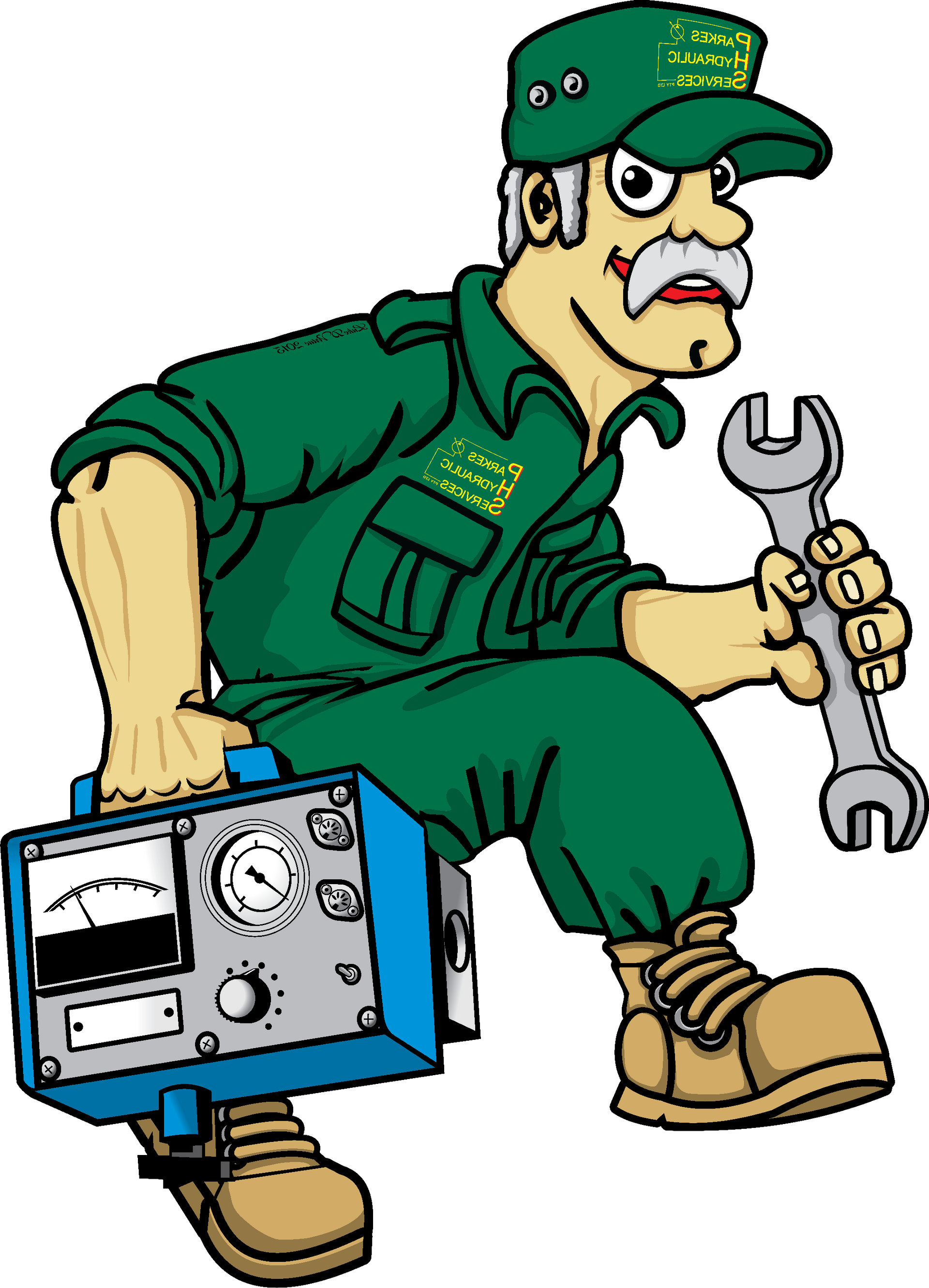 A cartoon of a man holding a wrench and a meter