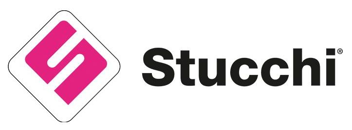 A pink and white logo for stucchi with a diamond in the middle.