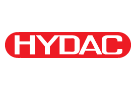 A red and white hydac logo on a white background