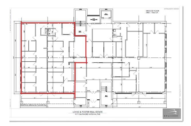 A floor plan of a building with a red area in the middle