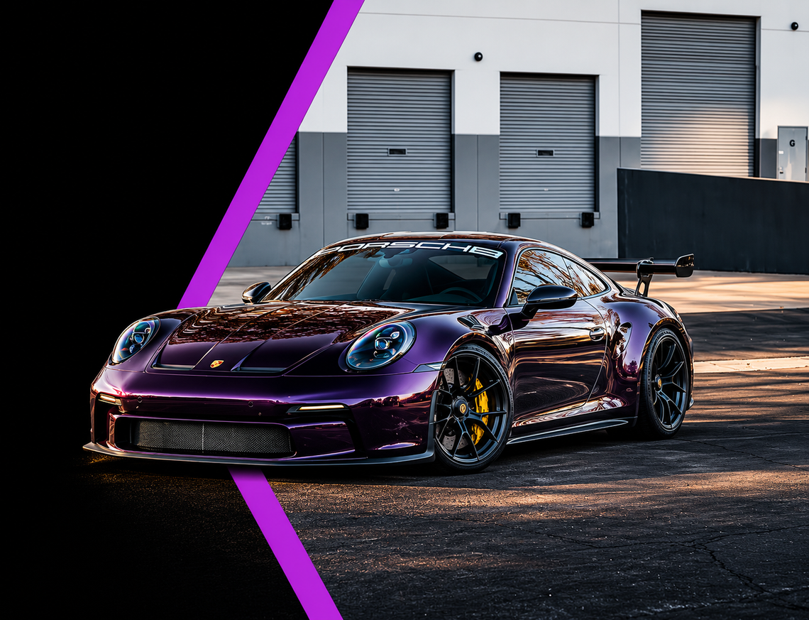 Purple sports car parked outside industrial building with black and purple diagonal graphic overlay