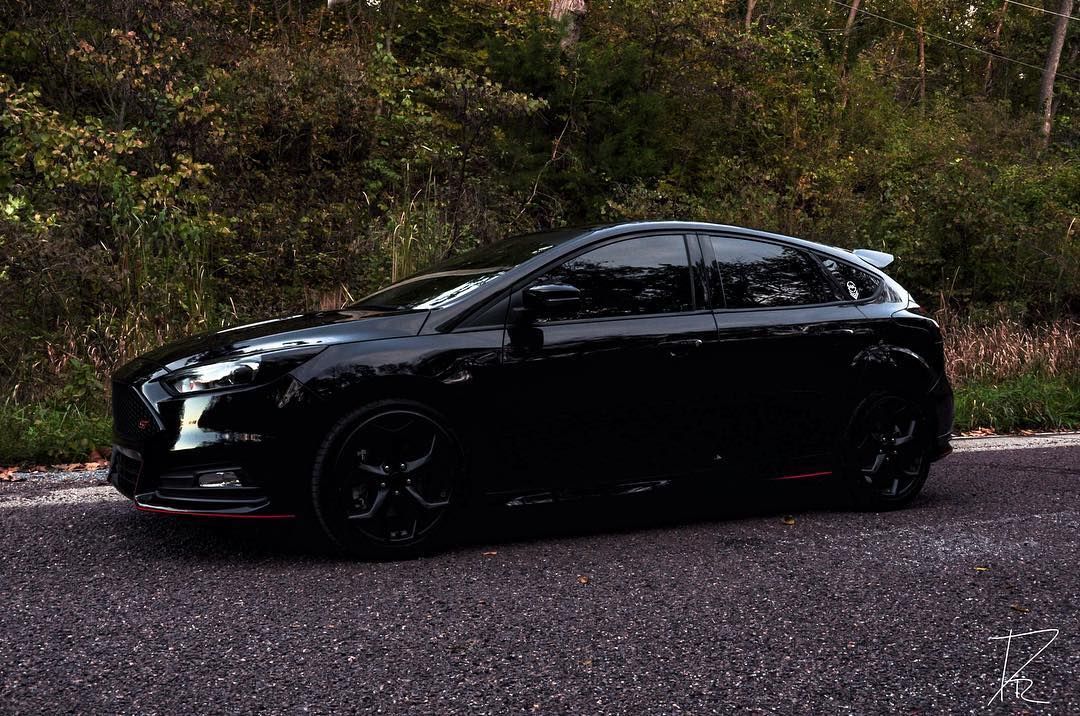 Black hatchback car parked on a road beside dense greenery.