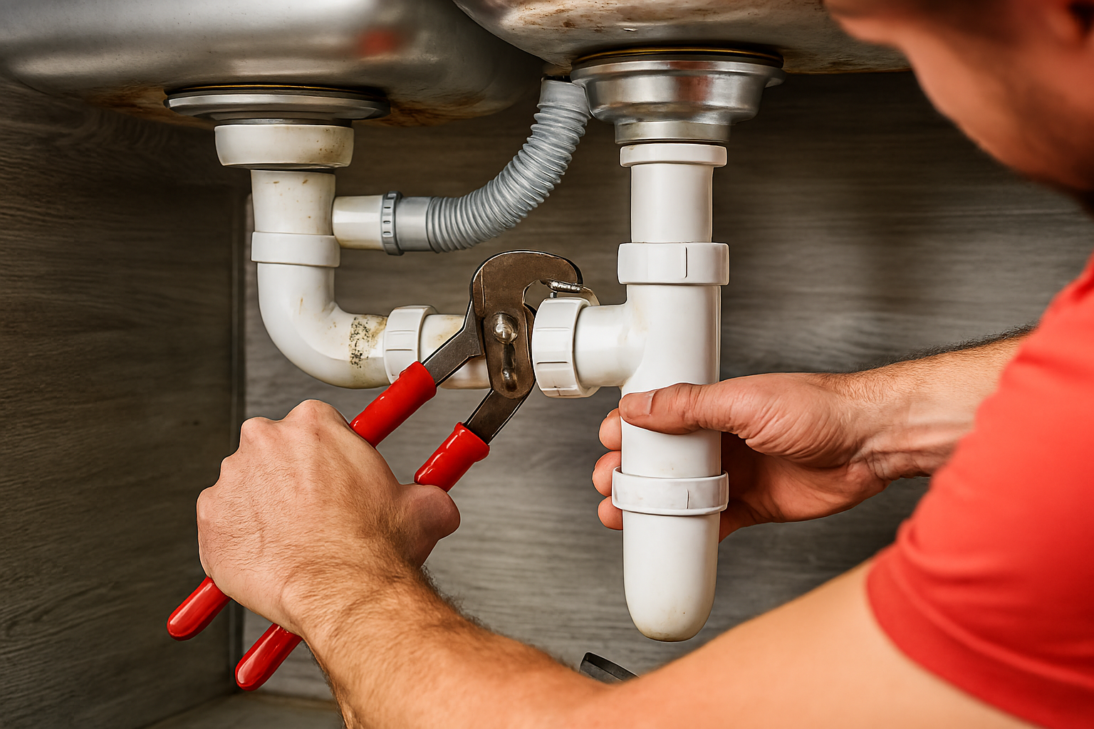 A person is fixing a gas hose with a wrench.