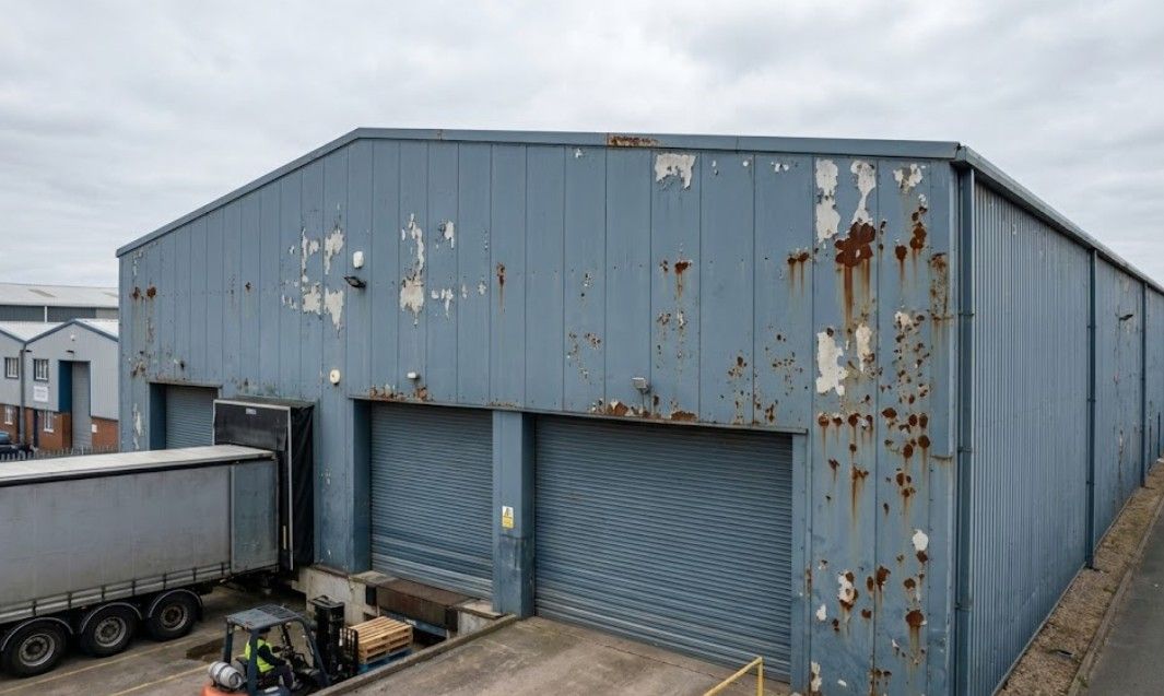 Spray Maestro before spraying a large single-storey warehouse building in a Nottingham industrial estate