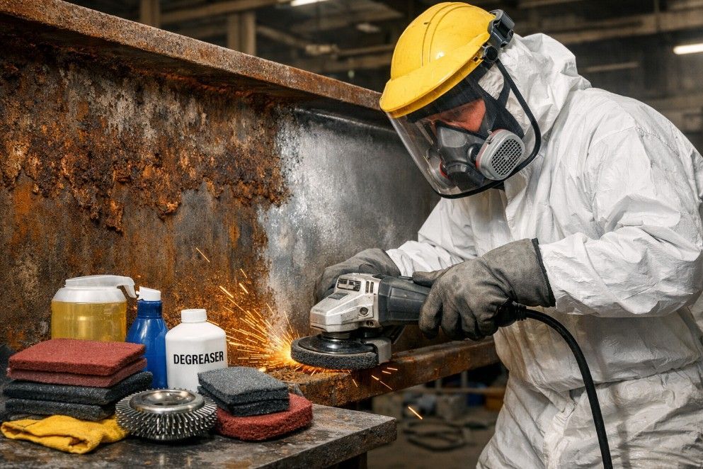 commercial metal surface preparation in progress, using angle grinder to treat corroded steel surface