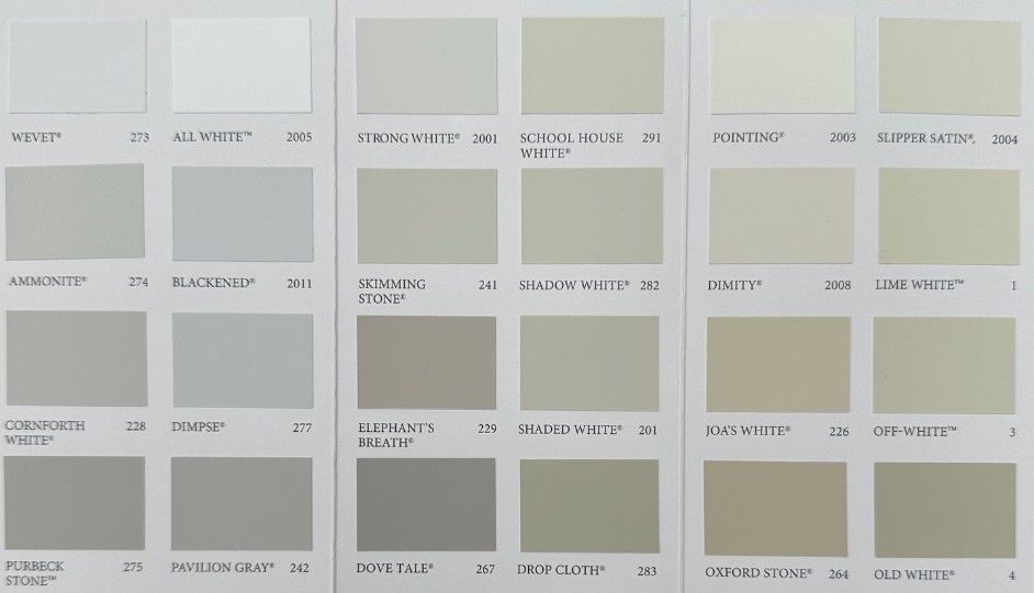 selection of Farrow & Ball neutral and off-white colours that can be spray-painted