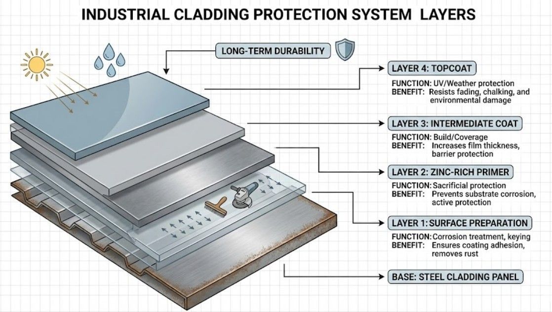 infographic showing industrial warehouse cladding protection system coating layers on steel substrate