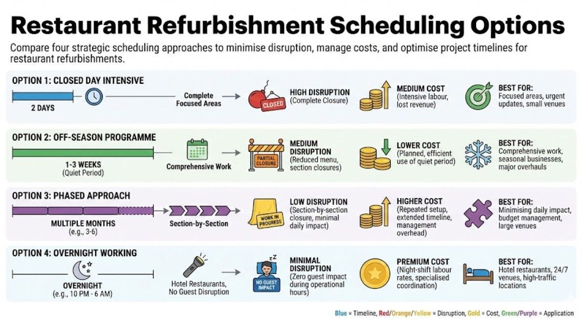 Infographic showing Restaurant Refurbishment Scheduling Options