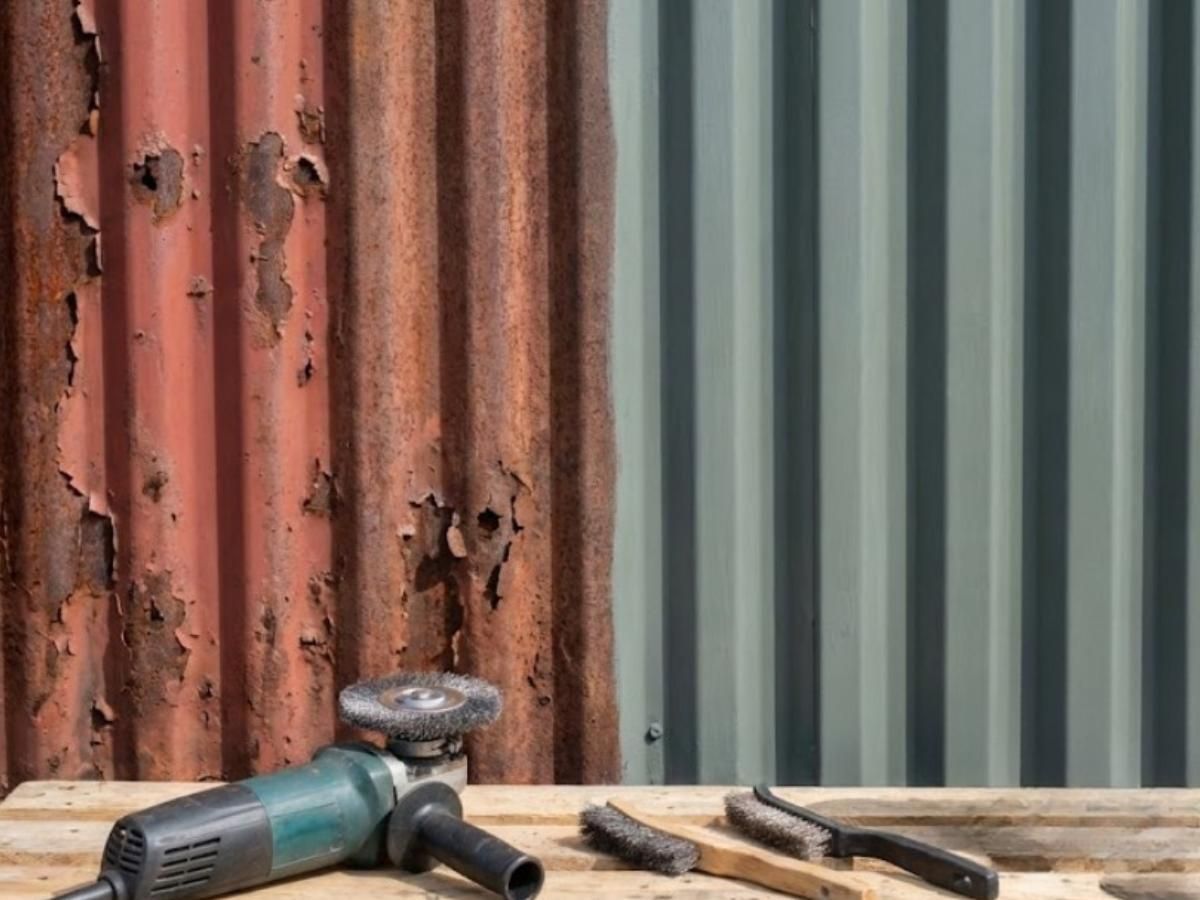 Close-up photograph showing surface preparation on weathered steel cladding panel.