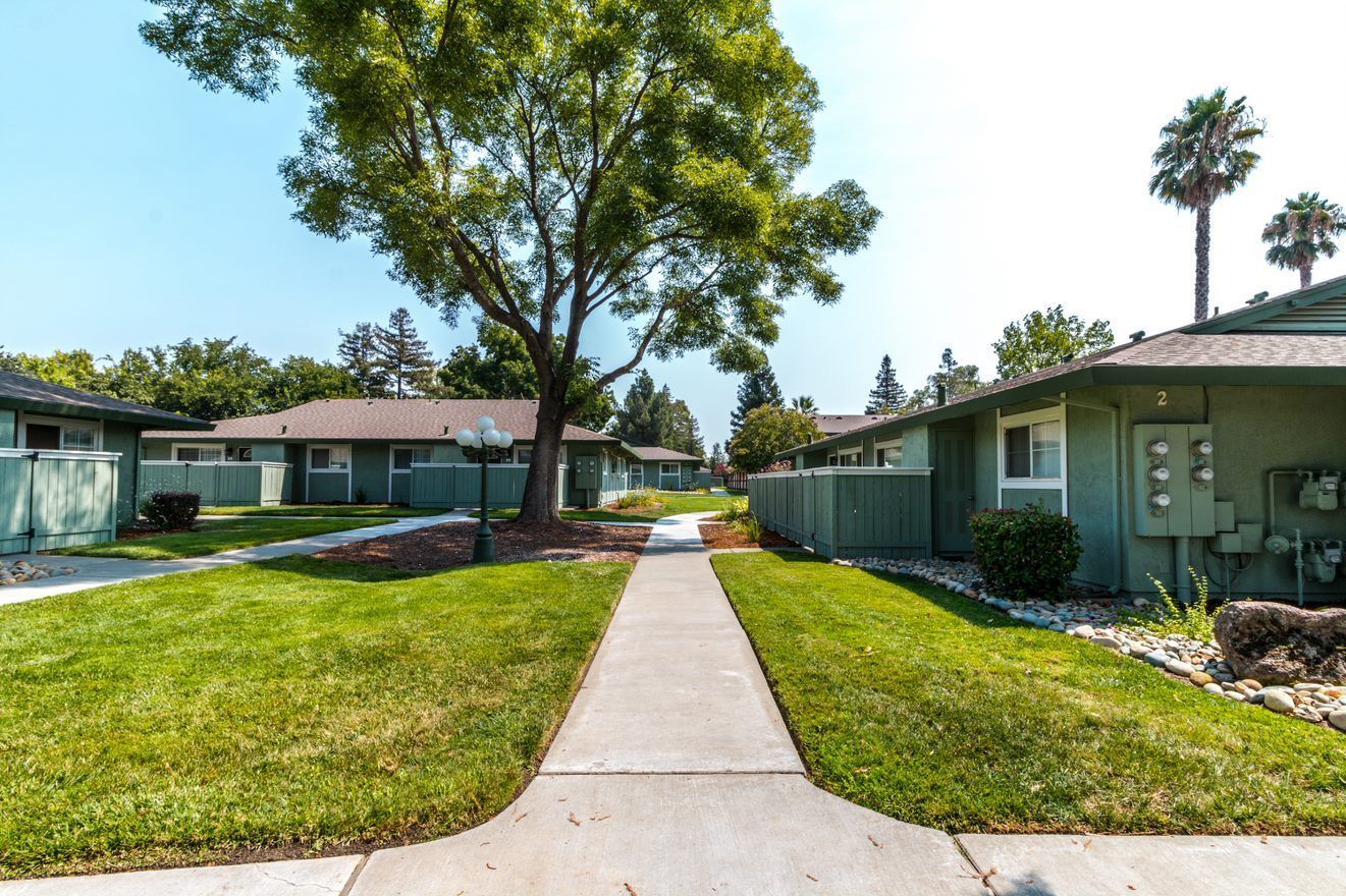 A row of houses with a concrete walkway between them.