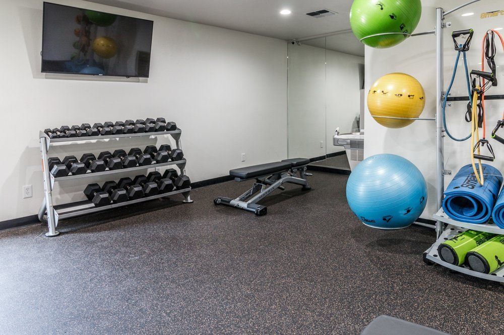 A gym with dumbbells , exercise balls , a bench , and a flat screen tv.