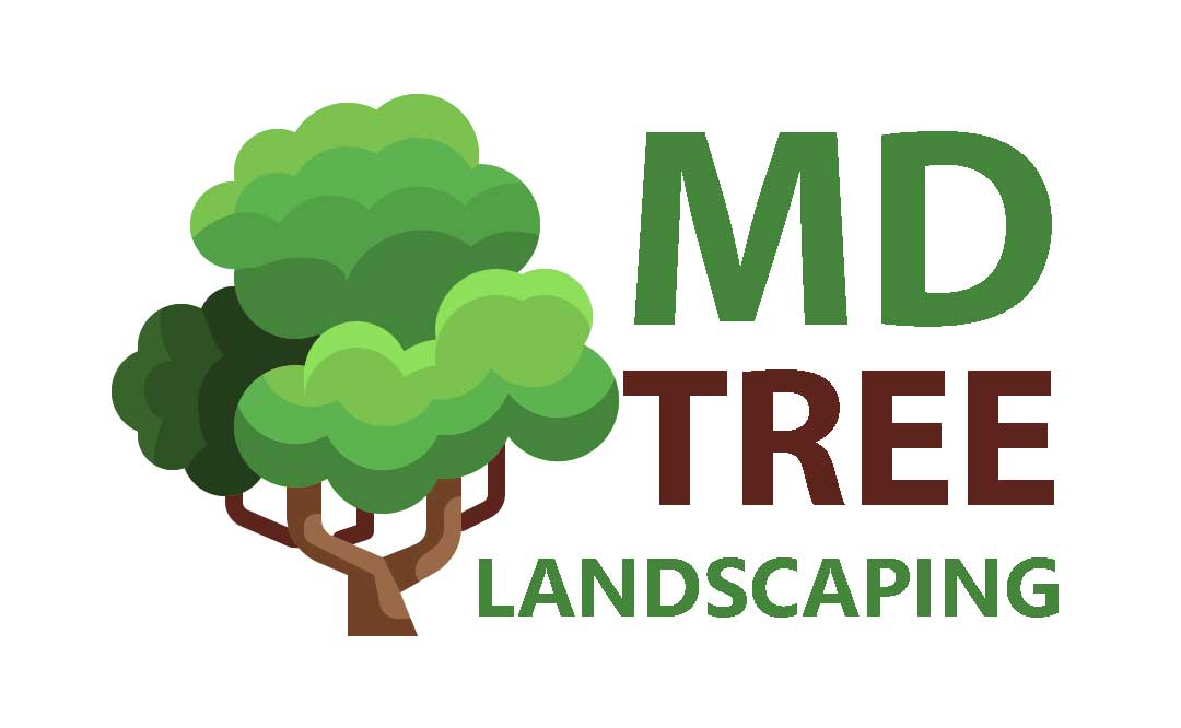 Logo for MD Tree Landscaping, featuring a stylized green tree beside green 