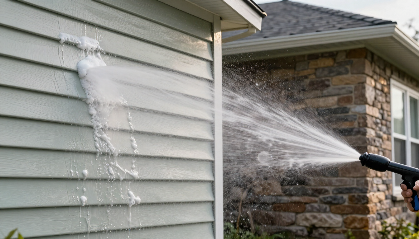 Person pressure-washing a home's exterior siding with a strong spray of water