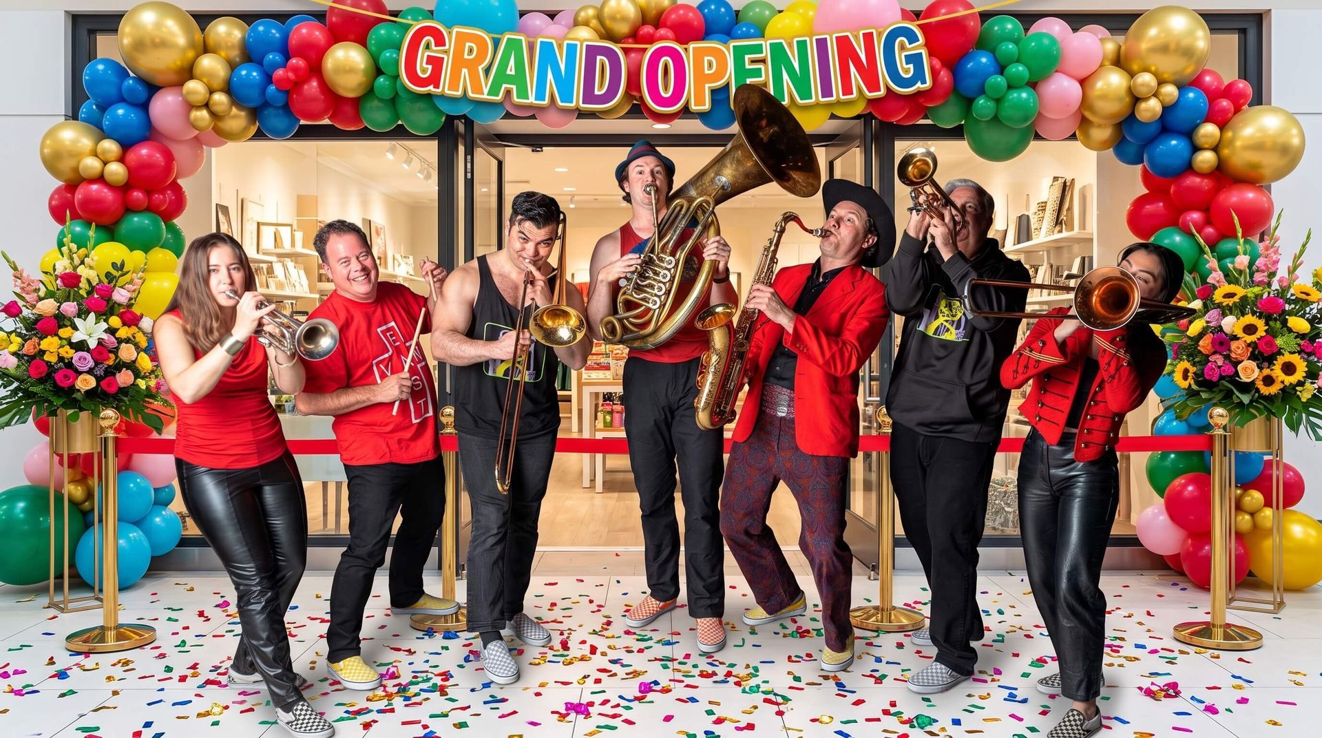 Musicians perform on stage under a colorful “Grand Opening” balloon arch with confetti on the floor.