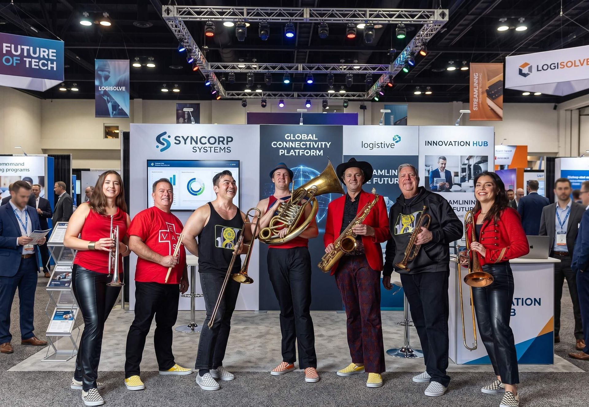 Group of people posing at a trade show booth with branded signs and bright overhead lights