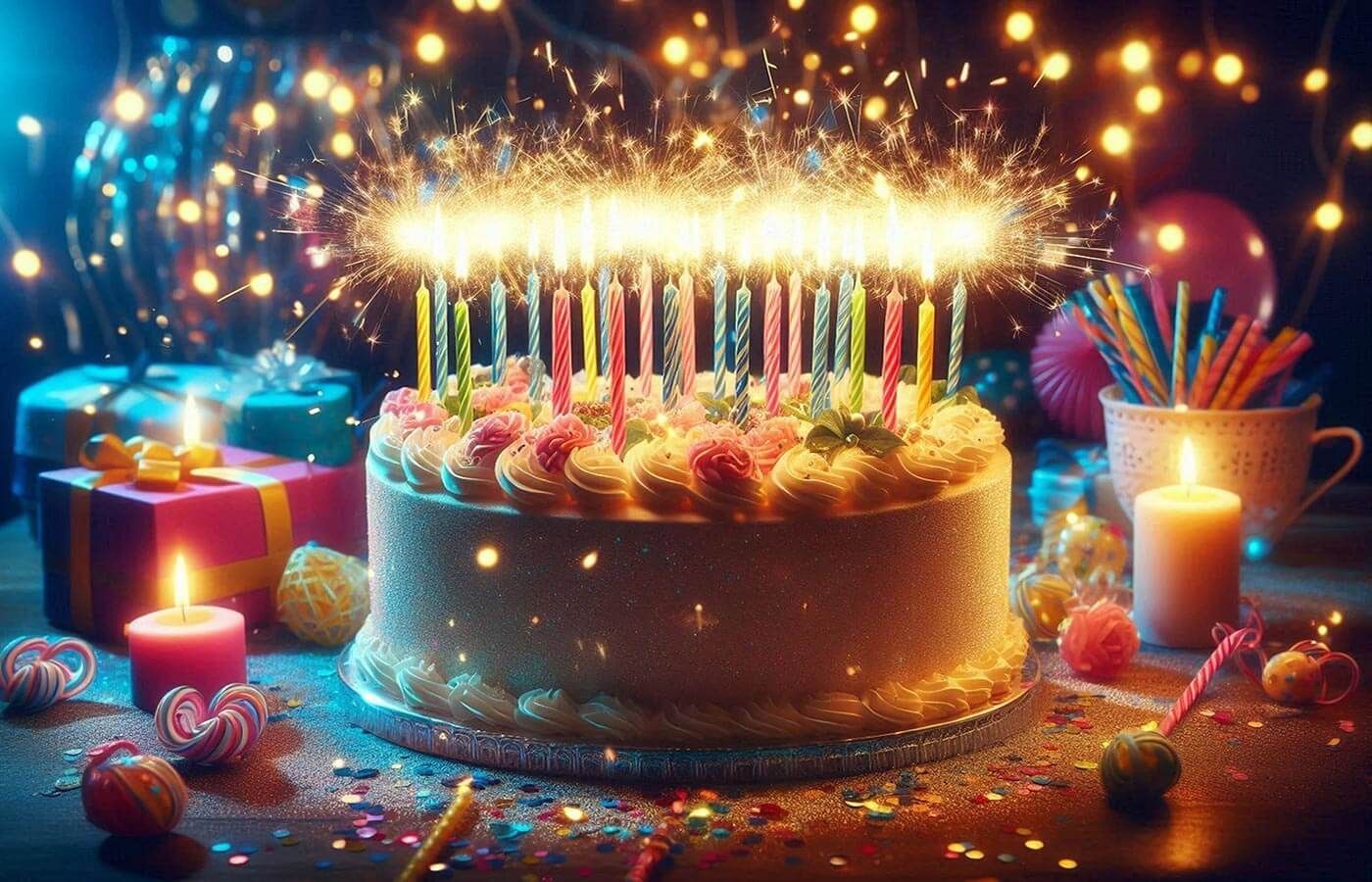 Birthday cake with lit candles, wrapped gifts, and sparkling decorations on a festive table