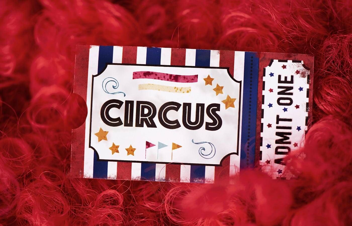 Circus-themed sign with red, white, and blue stripes on a red furry background