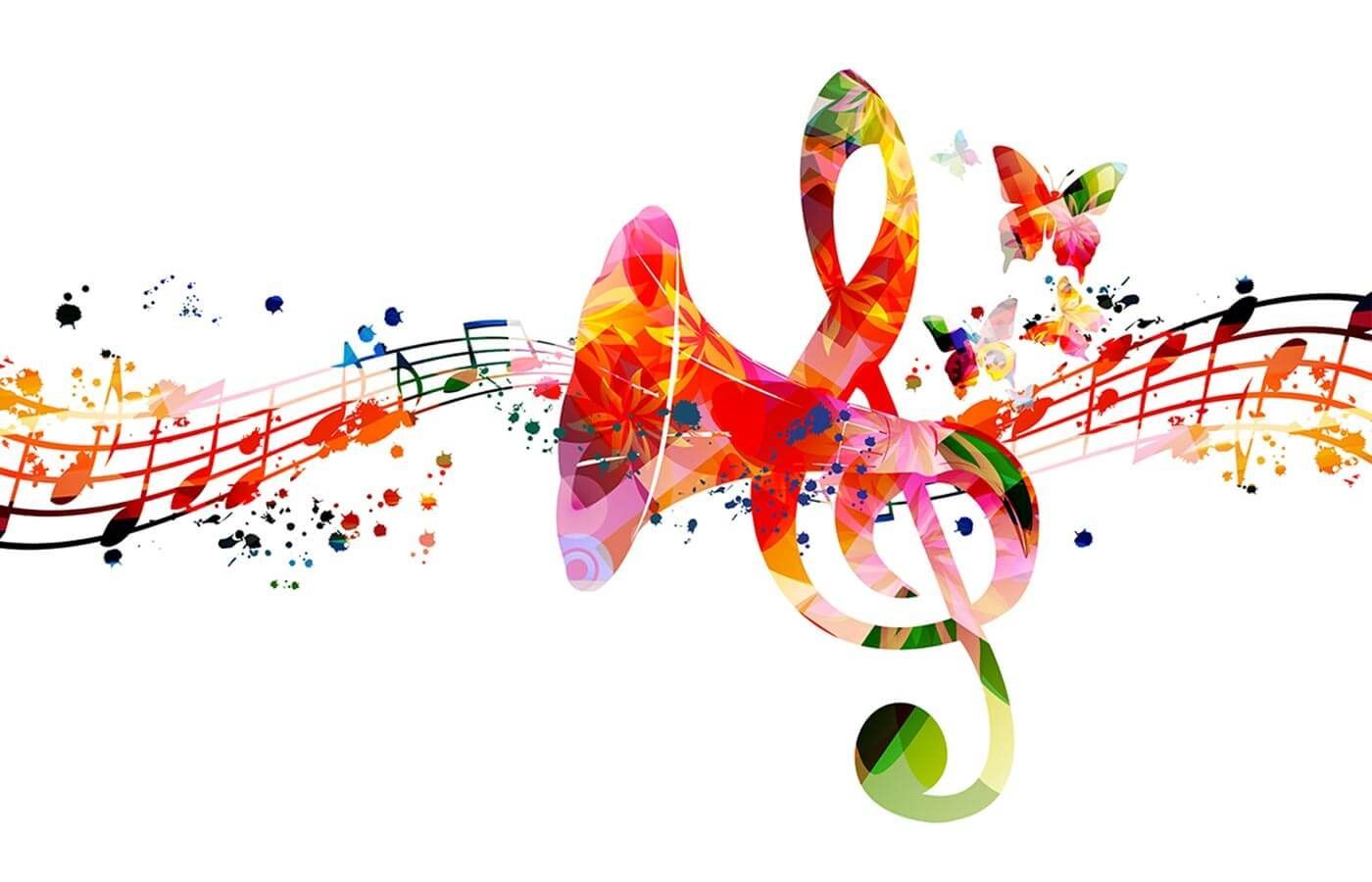 Colorful abstract musical notes and treble clef on a white background