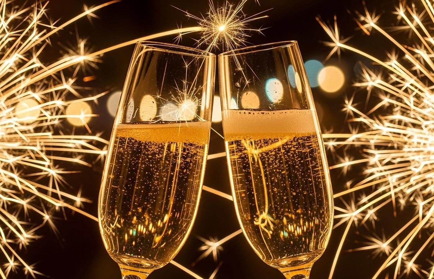 Two champagne flutes clinking with sparklers in a festive golden celebration scene