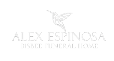 Logo for Alex Espinosa Bisbee Funeral Home with a dove illustration on a white background