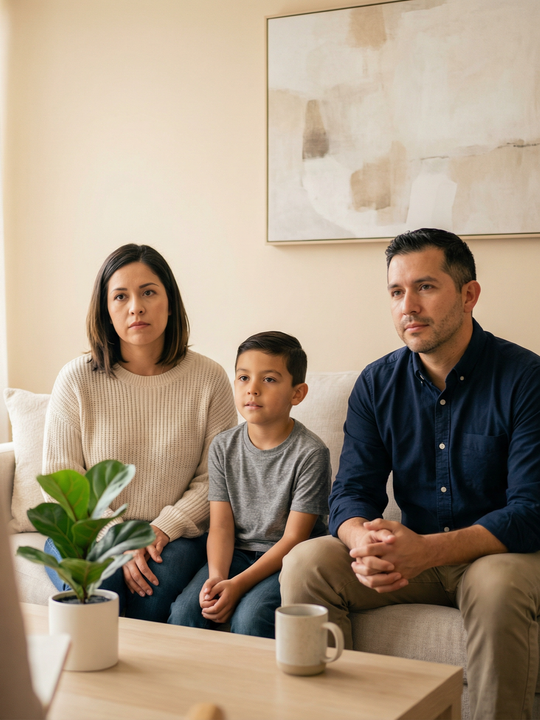 Family seated on a couch in a bright living room with a plant and coffee mugs on a table.